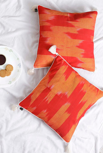 Set of 2: Cherry Red Ikat Cotton Cushion Covers